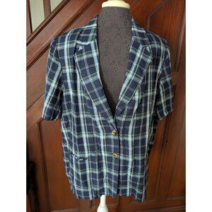 Requirements Plaid Womens Short-Sleeve Blazer Size 20W Blue White
